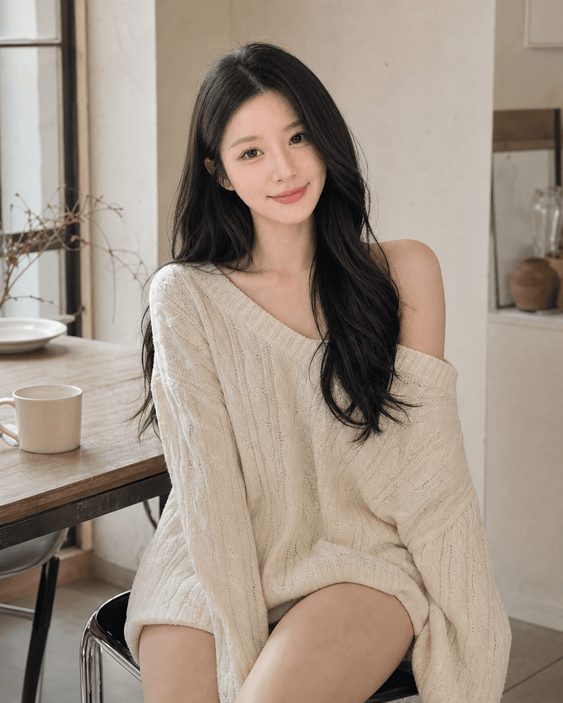 Outfit look — Off-shoulder knit